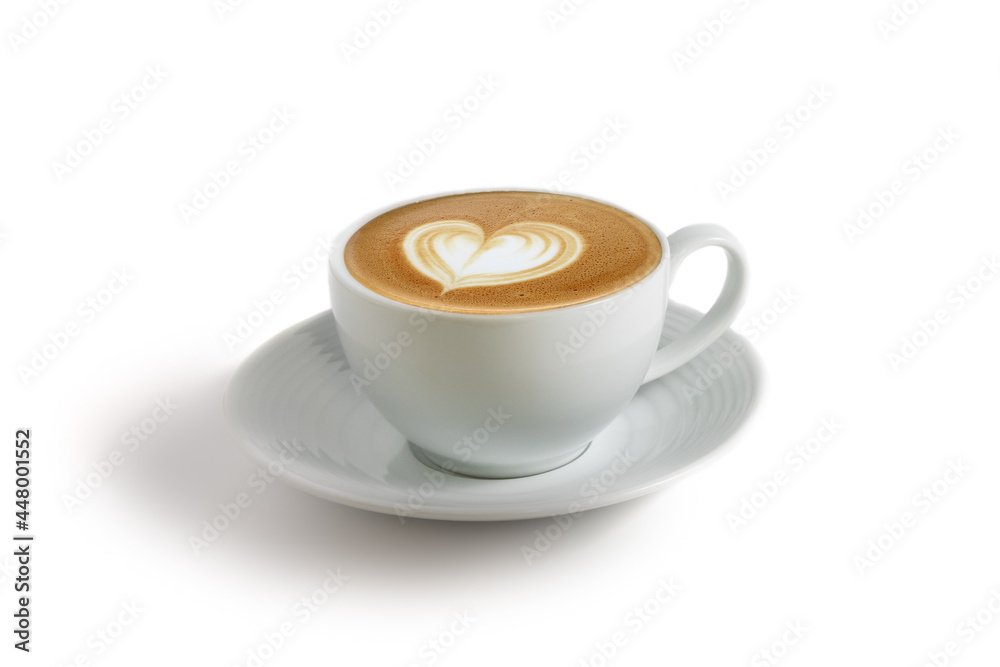 Front view of hot cafe Latte milk coffee with heart shape latte art in white ceramic cup isolated in white background. Arabica Espresso roasted coffee