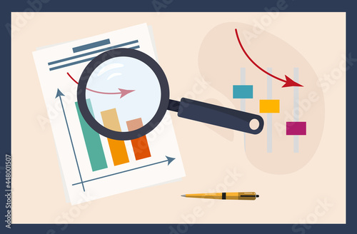 Loss graph, paper document, page. Graph, diagram of efficiency. Statistics, analysis or audit of changes in key business indicators. Development control concept, recession trend. Vector illustration