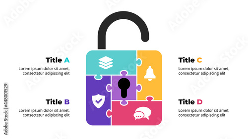 Creative vector protection puzzle infographic. Abstract shield diagram. 4 steps, options, parts. Internet security level. Digital safety chart. Simple data visualization. Web icon. 