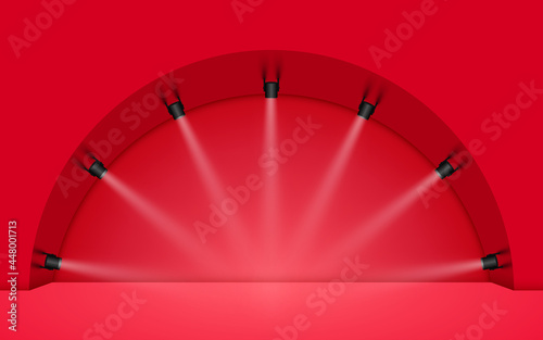 red podium with spotlight in the red room	
