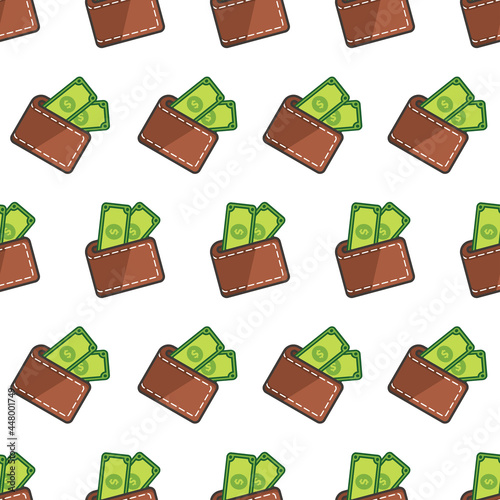 Simple seamless pattern of money in the wallet colored cartoon style illustration background template vector