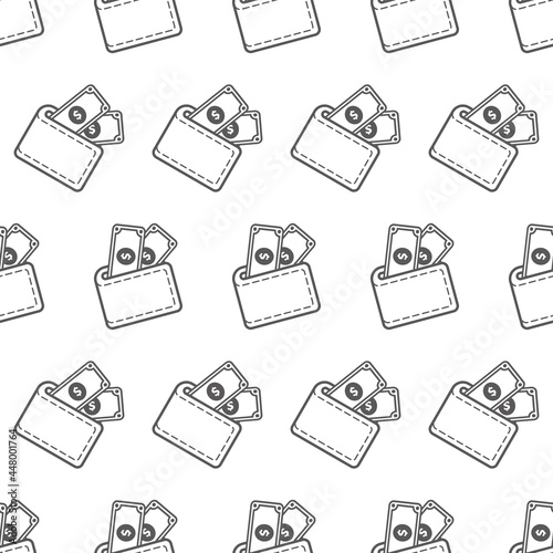 Simple seamless pattern of money in the wallet line art cartoon style illustration background template vector