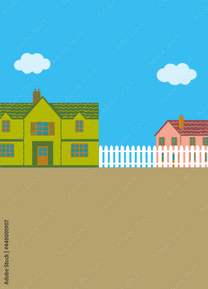 Naklejka premium Landscape with two European-style houses and a white fence