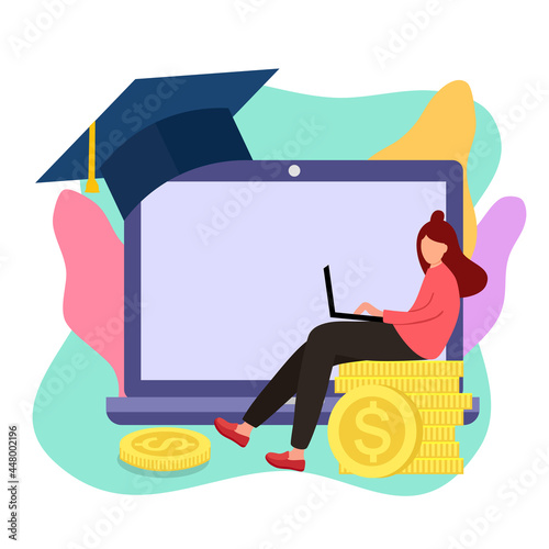 Online education scholarship concept vector illustration on white background. Website digital scholarship. Student, computer, stack of coins and graduation hat in flat design.