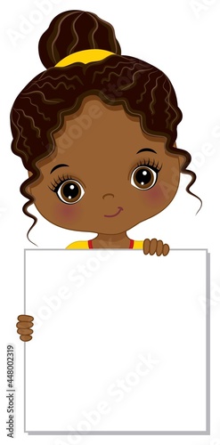 Cute Little African American Girl Holding Blank Frame to Customise Your Text. Vector Black Girl with Banner