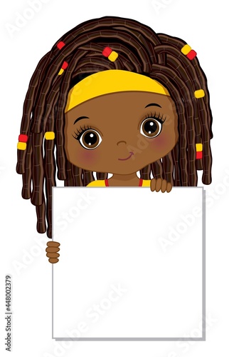 Cute Little African American Girl Holding Blank Frame to Customise Your Text. Vector Black Girl with Banner