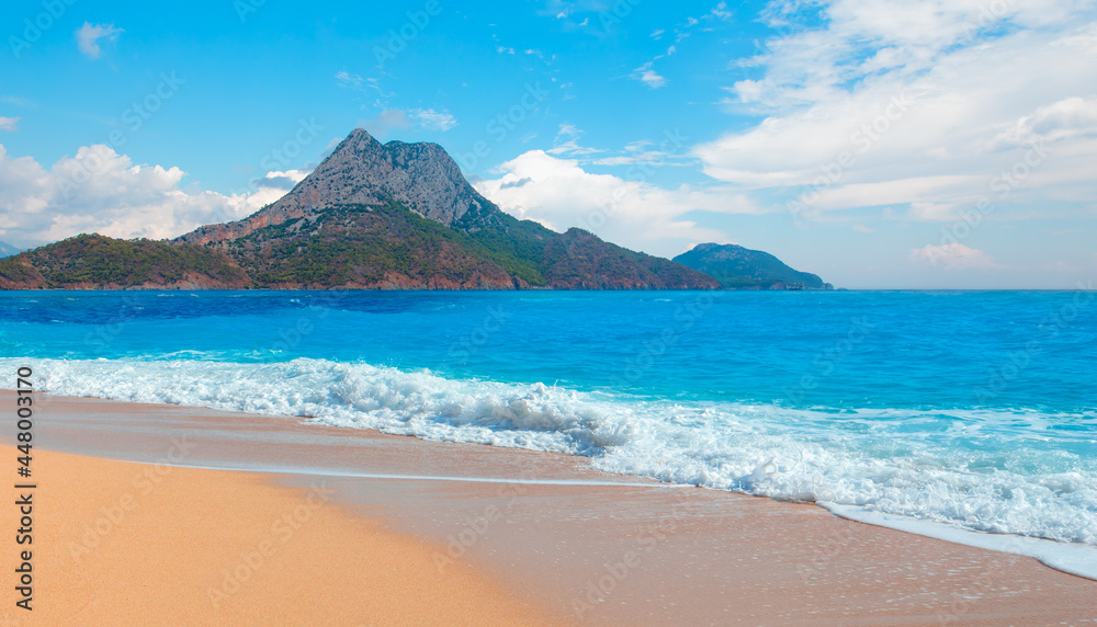 Long beach coast of Adrasan - Adrasan beach is one of the most popular beaches of Antalya - Antalya, Turkey Long beach coast of Adrasan - Adrasan beach is one of the most popular beaches of Antalya - Antalya, Turkey