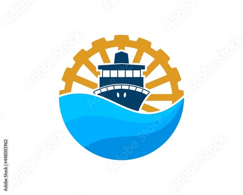 Abstract beach wave with cruise ship and watermill
