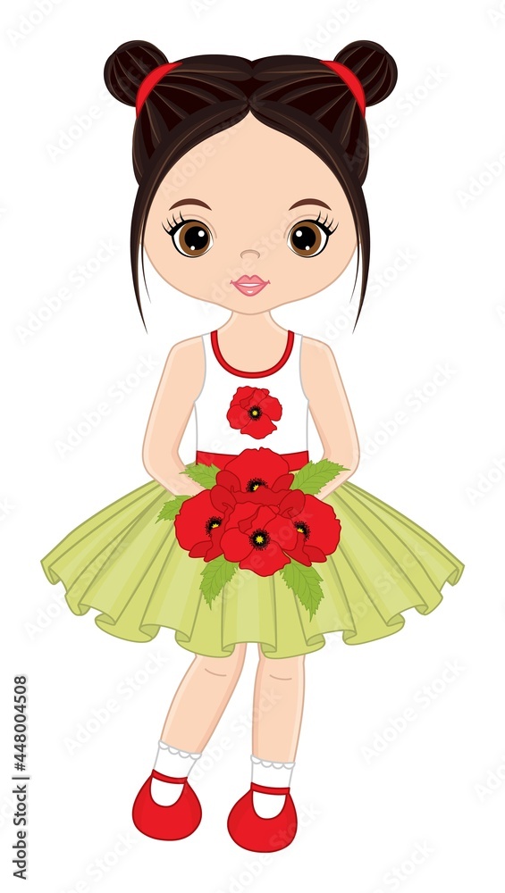 Beautiful Young Girl Holding Bouquet of Poppies. Vector Girl with Poppies