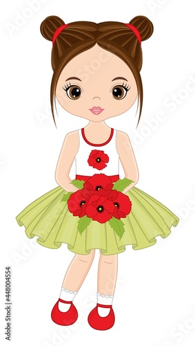 Beautiful Young Girl Holding Bouquet of Poppies. Vector Girl with Poppies