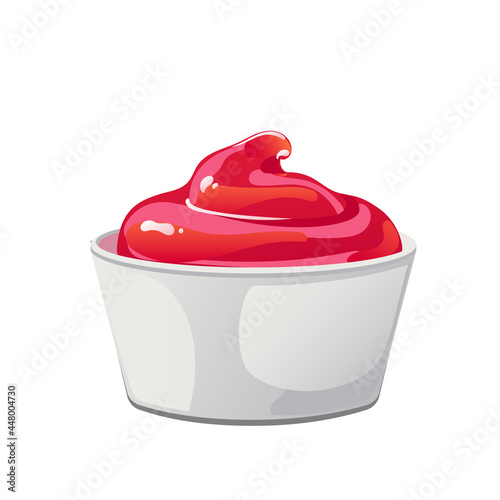 Tomato ketchup in bowl. Red sause with swirl in ramekin. Spice dressing, condiment in flat cartoon style. Vector illustration.