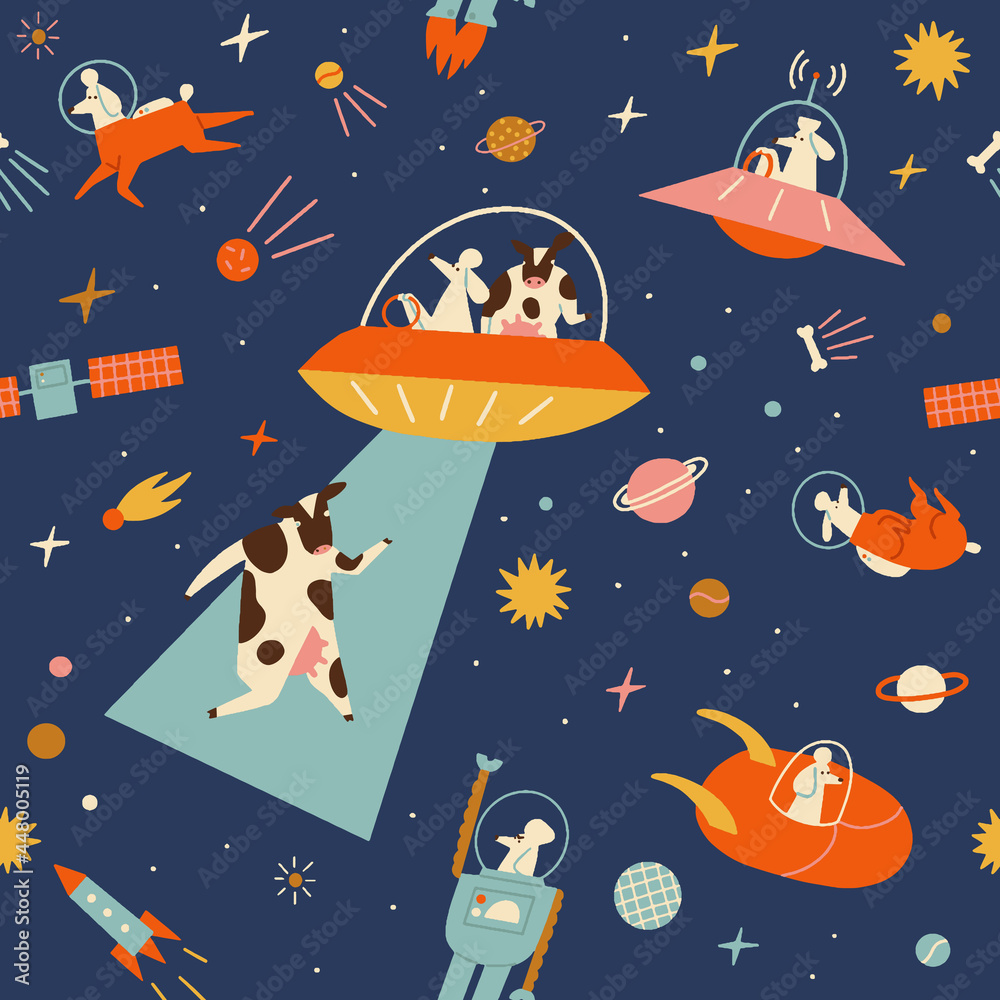 Dogs and cows in space sci fi seamless pattern for kids in vector. Stars, spaceships, cosmonauts, asteroids and stars illustration. Vector illustration Dogs and cows in space sci fi seamless pattern for kids in vector. Stars, spaceships, cosmonauts, asteroids and stars illustration. Vector illustration