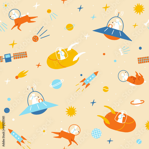 Dogs and cows in space sci fi seamless pattern for kids. Vector illustration