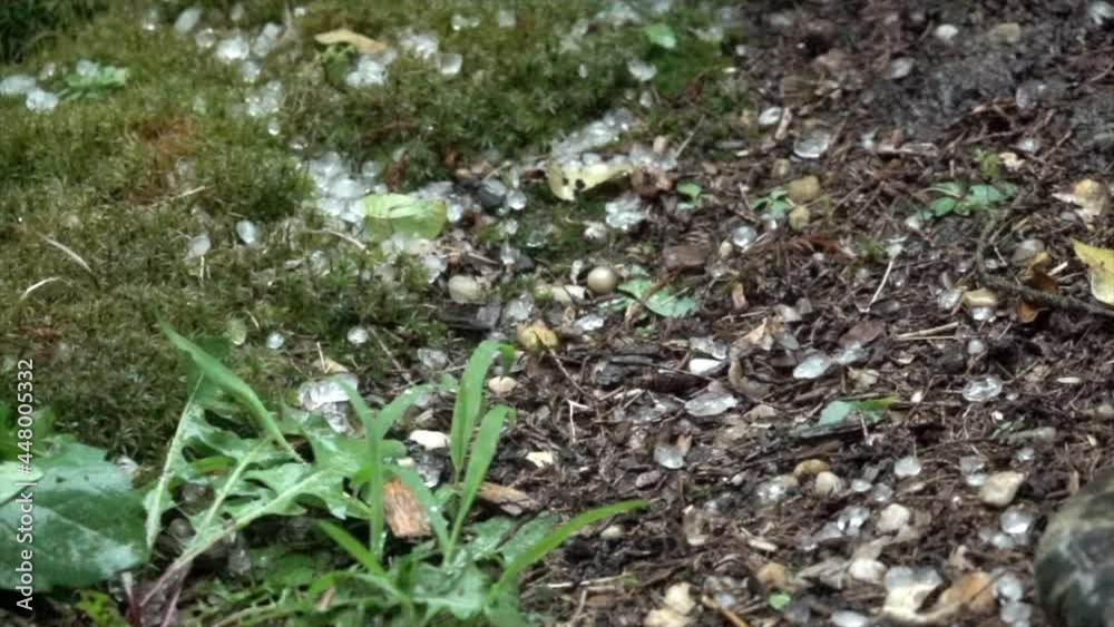 Hail and rain fall on the ground in slow motion