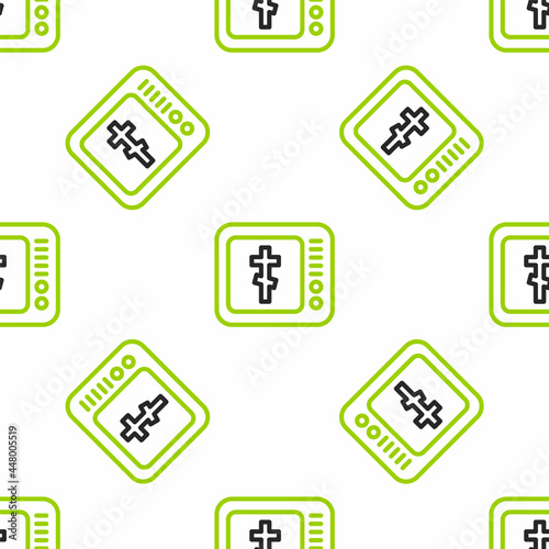 Line Online church pastor preaching video streaming icon isolated seamless pattern on white background. Online church of Jesus Christ. Vector