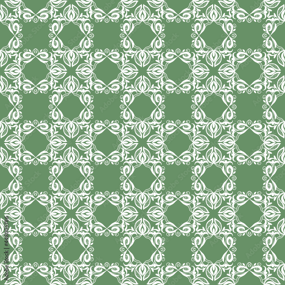 Seamless white lace pattern on a green background. Light abstract print, floral ornament. Great for decorating fabrics, textiles, gift wrapping, printed matter, interiors, advertising. 