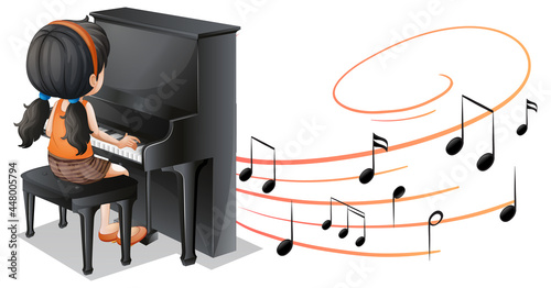 Musical melody symbols with a girl playing piano isolated