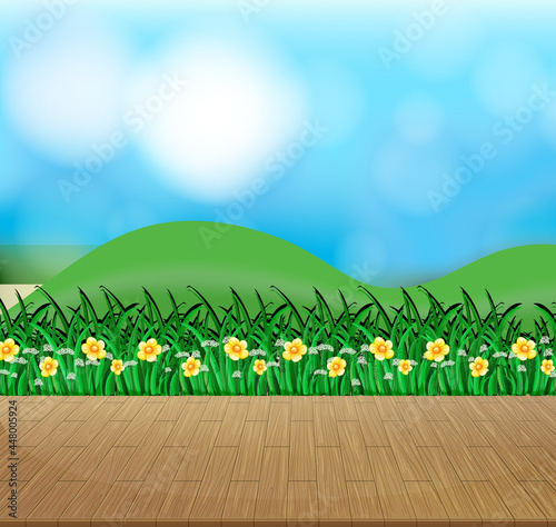 Nature background with flower field and green grass