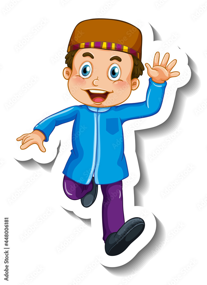 Sticker template with a muslim boy cartoon character isolated