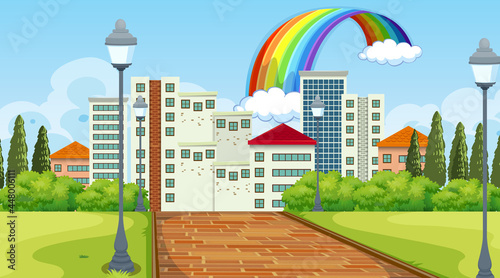 Nature landscape scene with many bulding in the city background