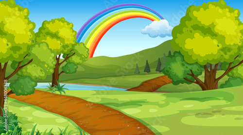 Nature park scene background with rainbow in the sky
