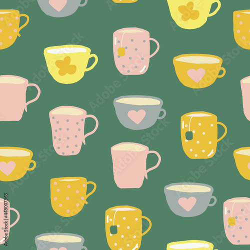 cups seamless pattern. hand drawn doodle. vector  cartoon  minimalism. trending colors 2021. wallpaper  wrapping  textiles  banner. kitchen  tea  coffee  drinks  tablecloth  cafe.