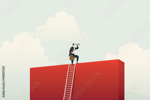 Businessman climbing ladder for vision opportunities and achievement over the wall.