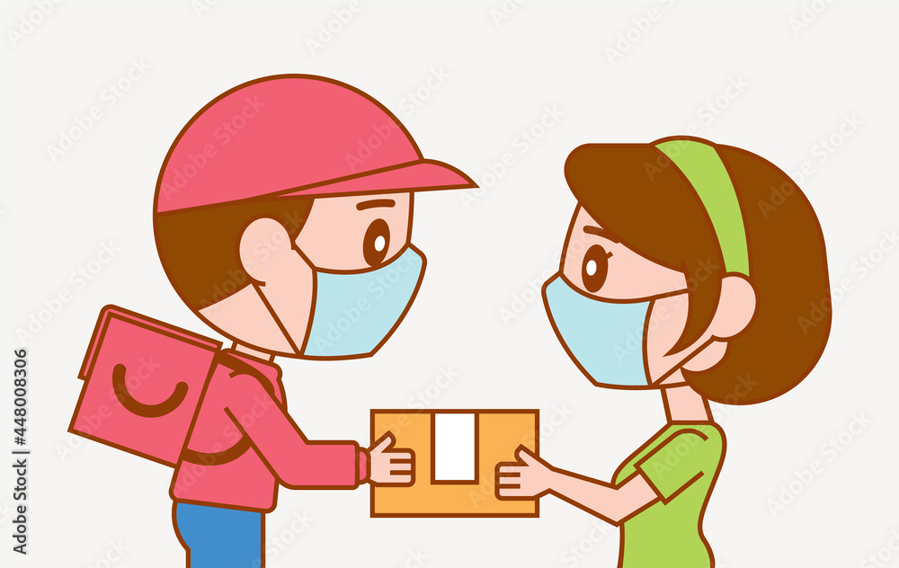 Cartoon cute delivery man giving parcel to woman customer with protected face mask - vector Cartoon cute delivery man giving parcel to woman customer with protected face mask - vector