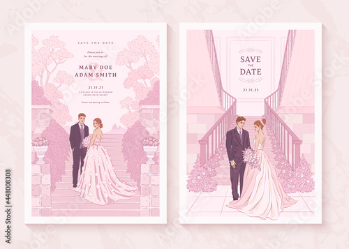 Set of hand drawn wedding invitation with a bridal couple. Save the date template with bride and groom. Vector illustration