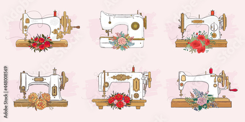 Set of hand drawn white sewing machines and flowers isolated on background. Vector illustration