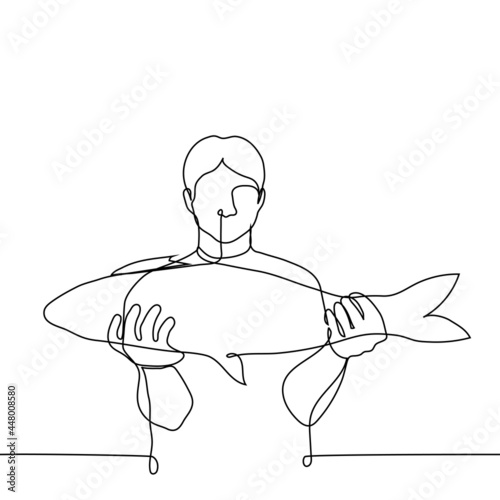 fisherman shows his catch - one line drawing. concept man showing off big caught fish