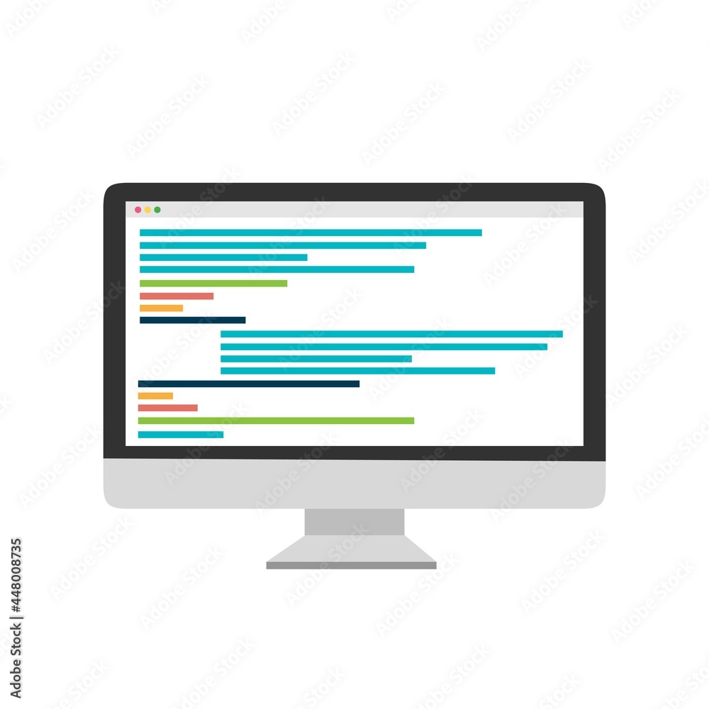 Computer with code on the screen on blue background. Coding concept
