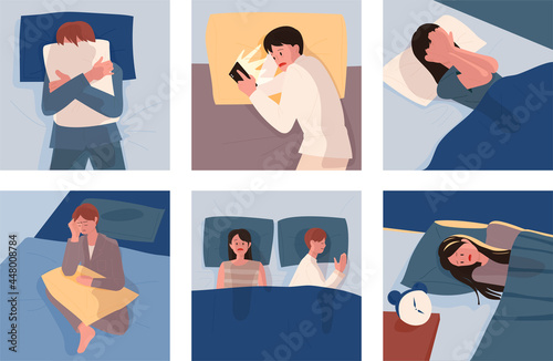 People who can't sleep due to insomnia. flat design style minimal vector illustration.