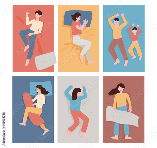 Sleeping people in different postures. flat design style minimal vector illustration.