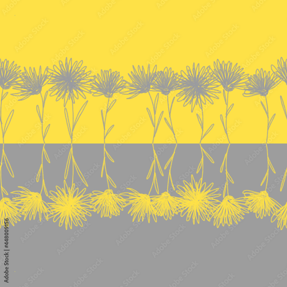Gray and yellow abstract flowers on a thread on a yellow and gray background pantone color 2021 hand drawing seamless pattern for clothing print, wallpaper, design.