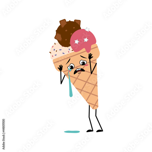 Cute ice cream character with crying and tears emotion, sad face, depressive eyes, arms and legs. A funny happy waffle cup, joyful sweet food, cold dessert