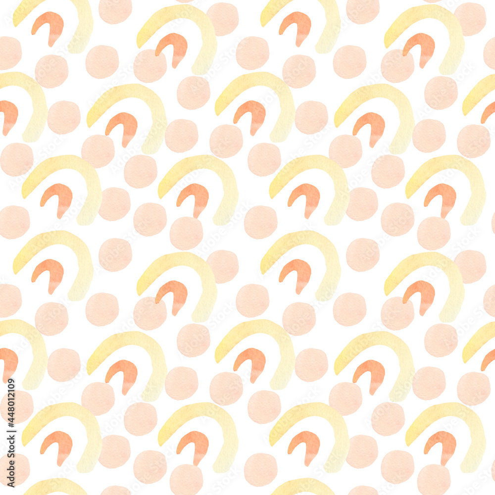 Abstract modern watercolor seamless patters baby shapes on white background.Bright minimalist prints in polka dots,blotches,rainbows.Designs for wrapping paper,packaging,social media,textiles,fabric.