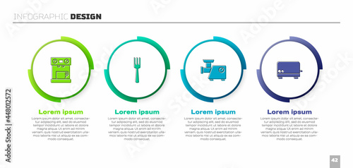Set Coffee machine, Fork, Kitchen meat grinder and Toaster. Business infographic template. Vector