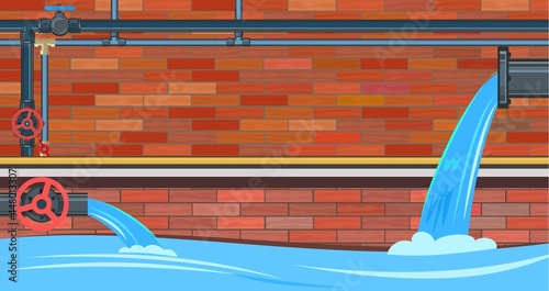 Sewage discharge. Water treatment facilities. Eco-protective structure. Drainage of dirty liquid or preparation of filtered and purified one. Brick collector. Illustration vector