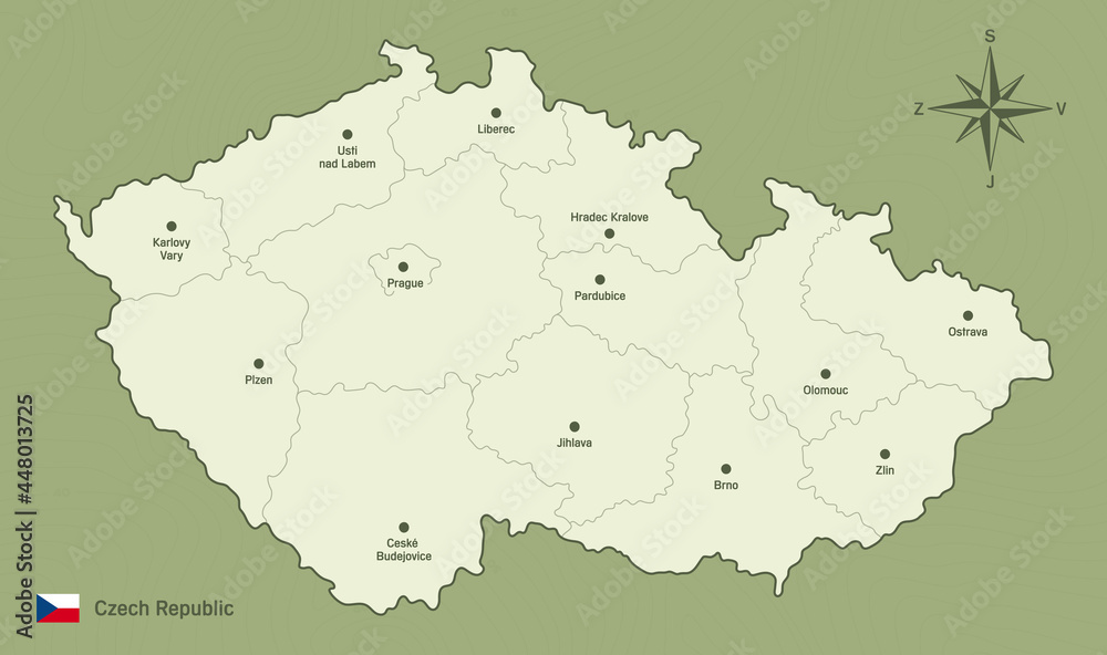 Vector simple line map of the Czech Republic with marked regions and the names of regional cities. Vector simple line map of the Czech Republic with marked regions and the names of regional cities.