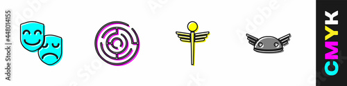 Set Comedy and tragedy masks, Minotaur labyrinth, Caduceus snake medical and Helmet with wings icon. Vector