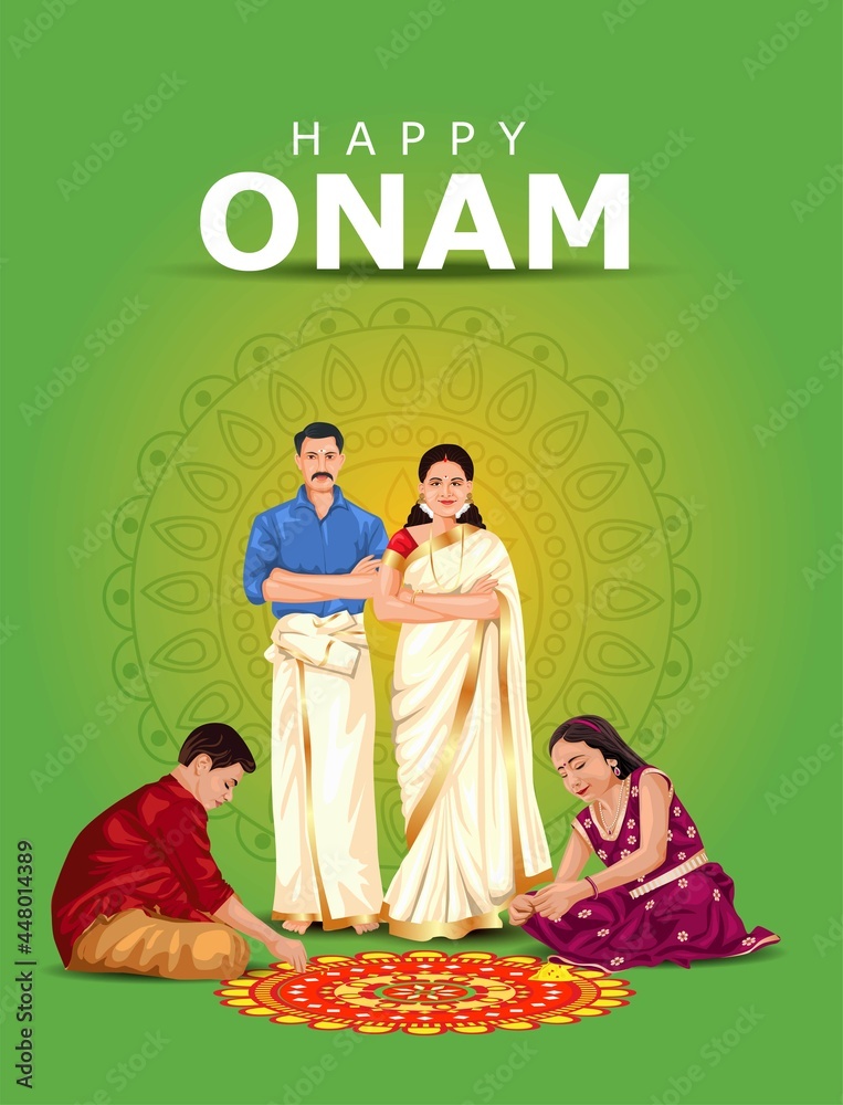happy onam greetings vector illustration. illustration of kids making  pookalam for a family Stock Vector | Adobe Stock