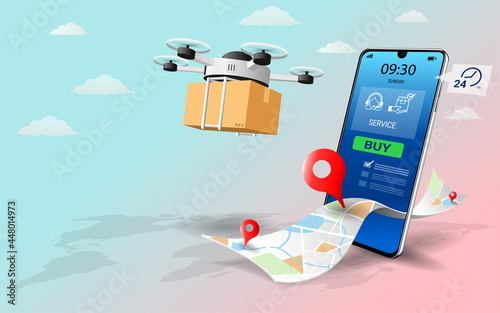 Drone delivery service with maps and navigation on mobile phone app. remote control air logistics by drone .Fast digital online delivery concept. Webpage, app design. 3D vector Illustration