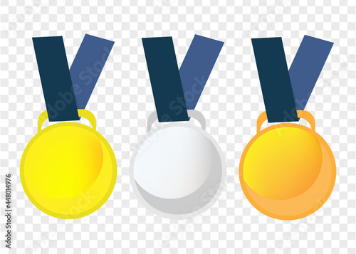 Three sports medals. Champion Gold, Silver and Bronze Medal with Red Ribbon Icon Sign First, Secondand Third Place Collection Set Isolated on White Background. Vector Illustration EPS10