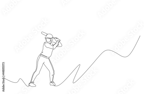 One line drawing of young energetic man baseball player positioning as a hitter - vector illustration. Sport training concept. Modern continuous single line draw design for baseball tournament banner