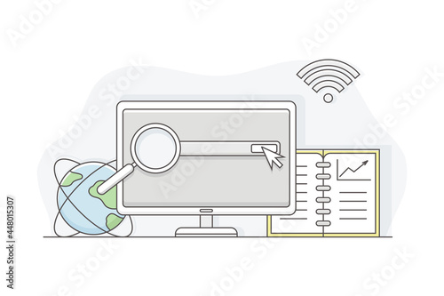 Business Process and Corporate Service Management with Computer and Search Line Vector Illustration