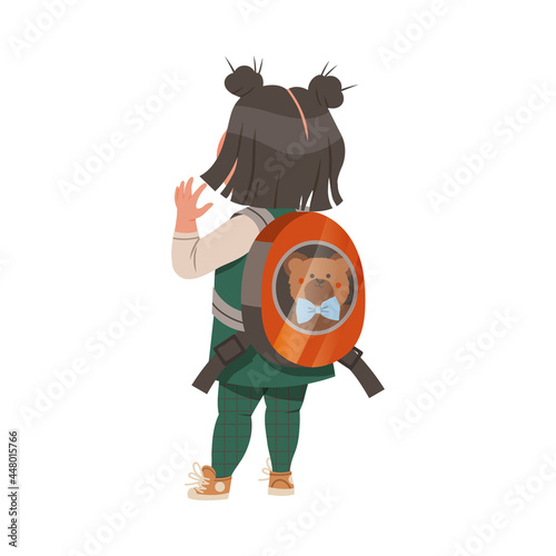 Cute Girl Standing with Schoolbag Back View Vector Illustration