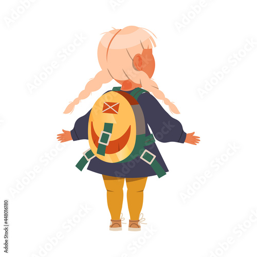 Cute Girl Standing with Schoolbag Back View Vector Illustration