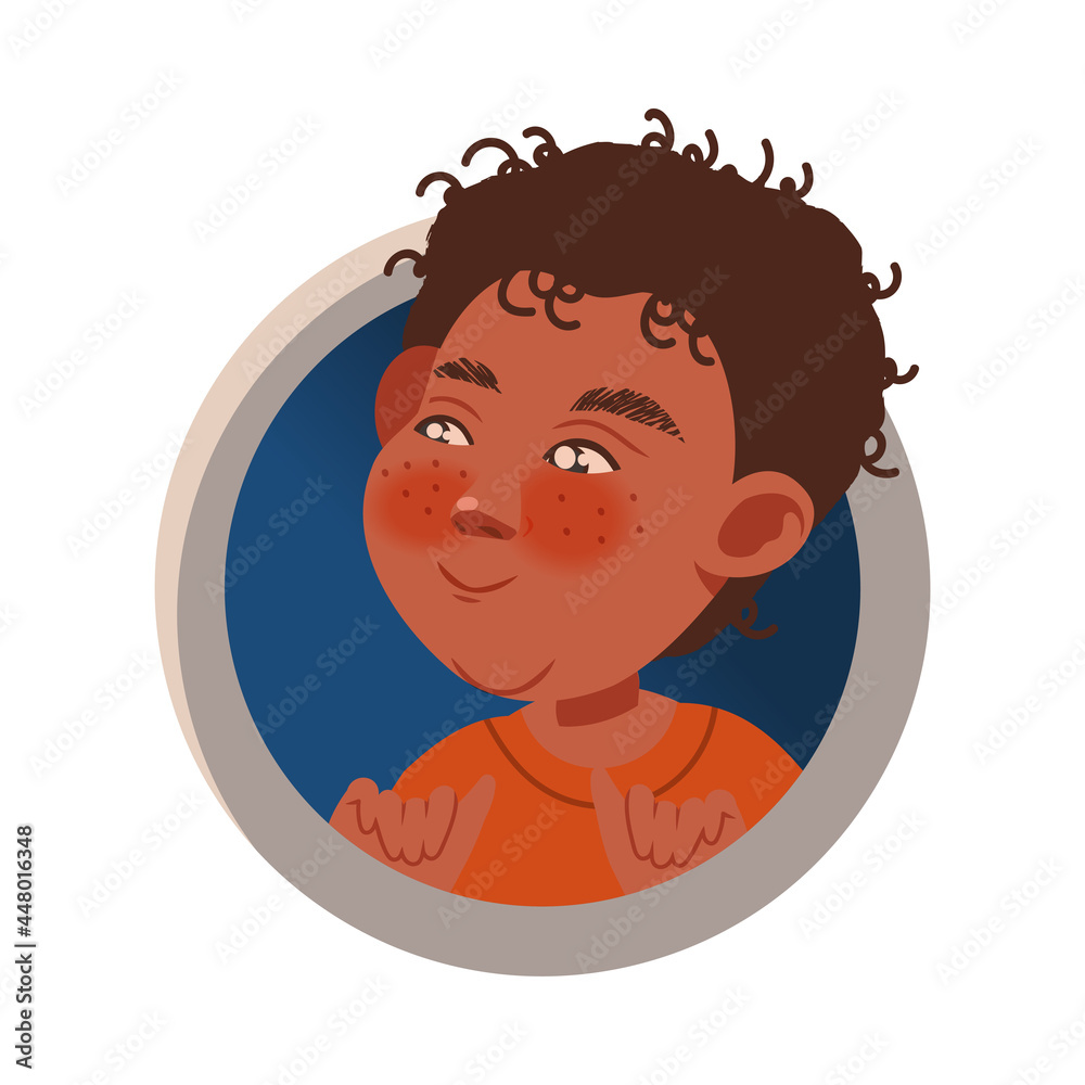 Happy Freckled Boy Playing with Rocket Peeped Out From Viewing Port Boarding Big Spaceship Vector Illustration