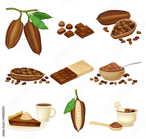 Chocolate with Roasted and Ground Cacao Seeds, Sweets and Pastry Vector Set